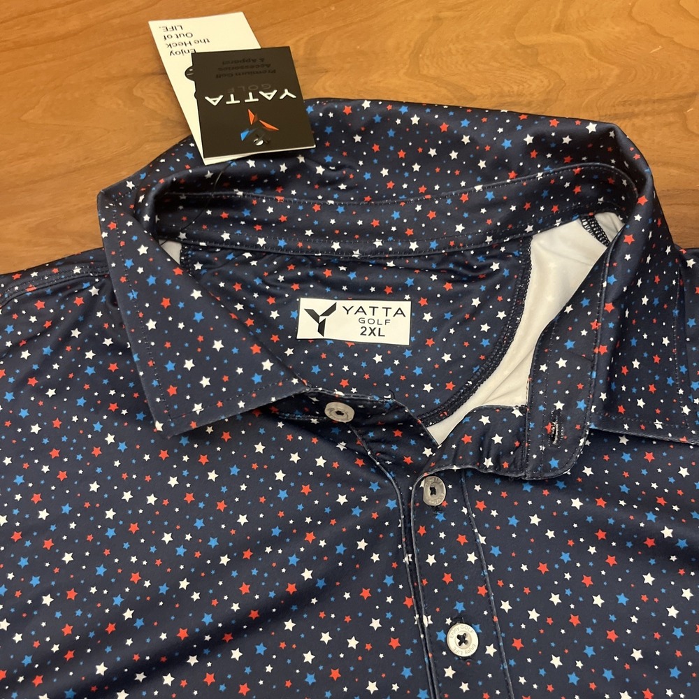 YATTA Golf Polo Shirt Patriotic Red White Blue Stars Mens 2XL Wicking NWT